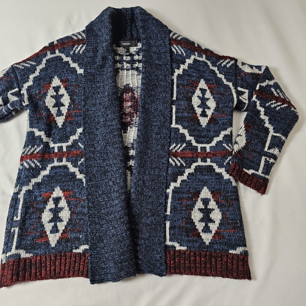 Blue Southwestern Aztec Cardigan Sweater Open Front Forever 21 Size‎ Large